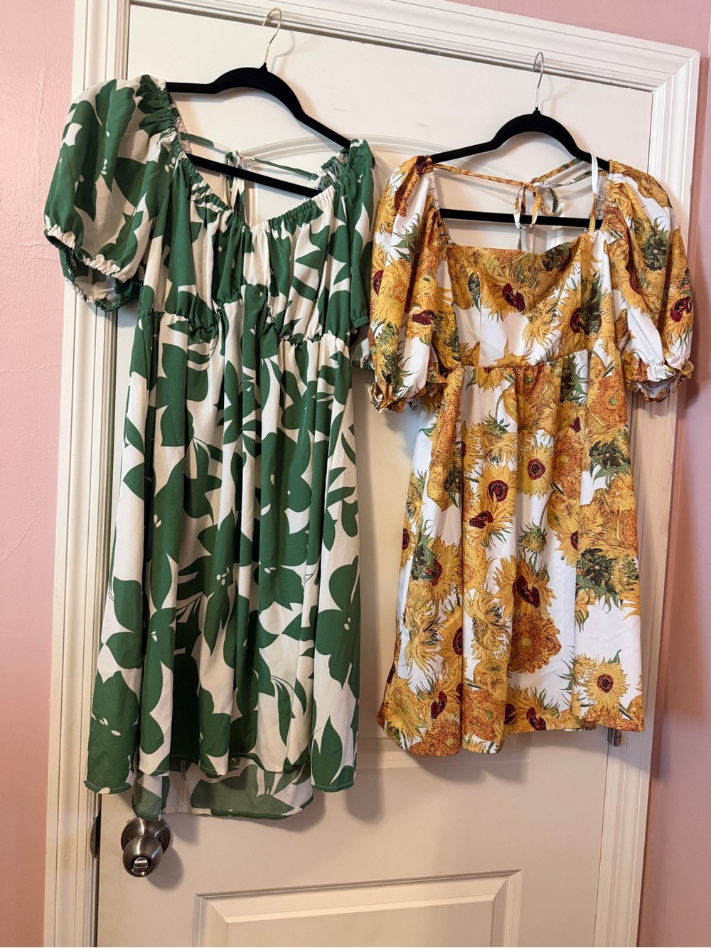 SHEIN Green & Yellow Floral Midi Dresses - Puff Sleeve Styles